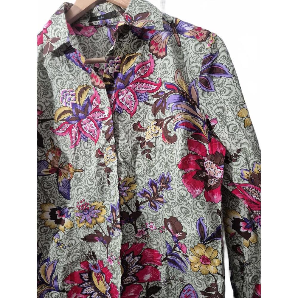Alara Ladies Long Sleeve Cotton Button Front Shirt Green Pink Floral Motif Patte - Picture 2 of 4